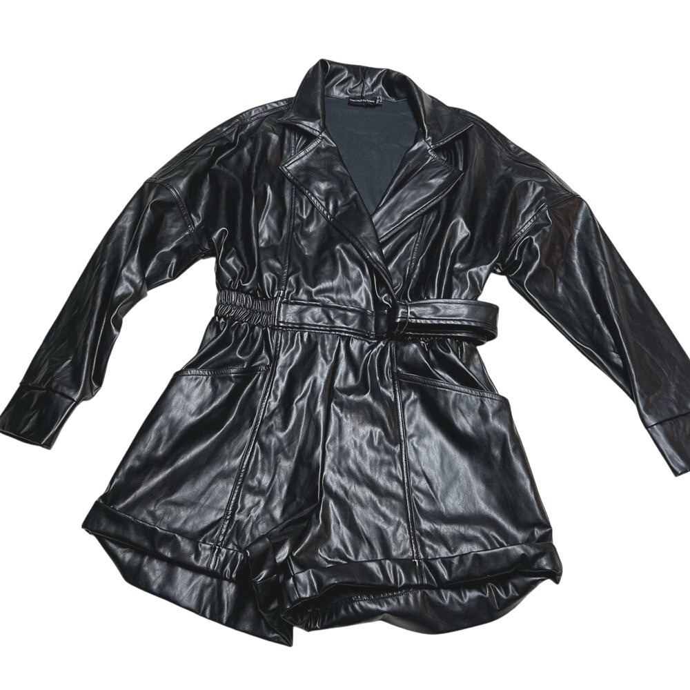 NWOT PrettyLittleThing Black Faux Leather Romper Belted Size 4 Goth Matrix Vegan